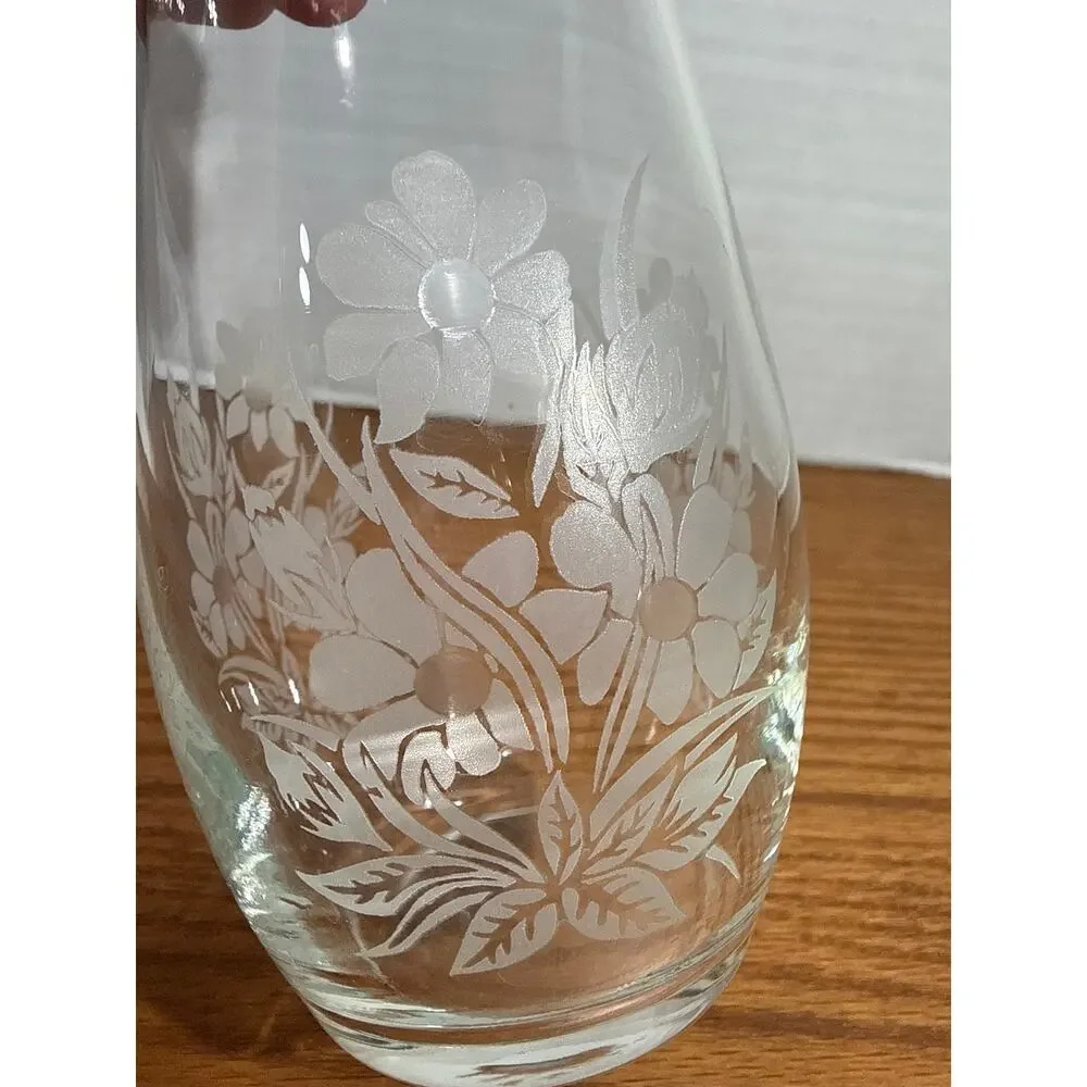 Vintage Pasabahce Turkey Etched Floral Clear Glass Bud Vase 7